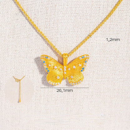 Gold Sand Butterfly Pendant Necklace, Iridescent Brushed Finish, Dainty Luxury Chain for Women
