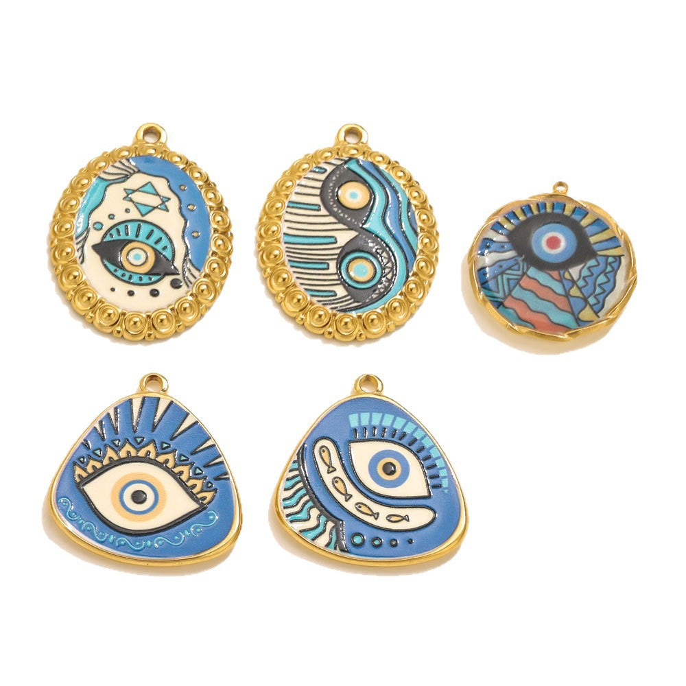 Stainless Steel Irregular Blue Heart Pendants, Enameled Flower & Eye Printed Charms, DIY Jewelry Accessories for Necklaces/Earrings
