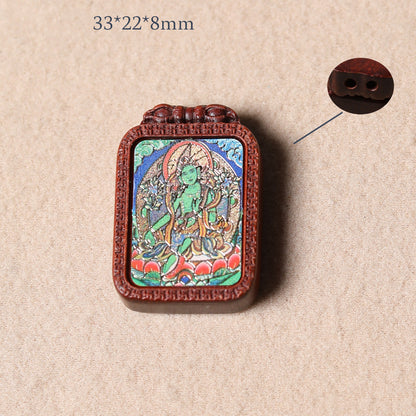 Handmade Agarwood Painted Green Tara Dzi Ram Pendant Accessories - DIY Jewelry Making Supplies for Spiritual Craft