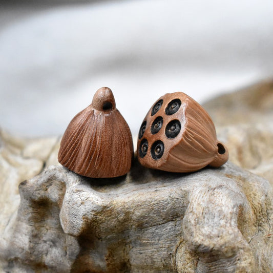 2PCS Peach Wood Lotus Seed Pod Pendant, Hand Carved Charm, DIY Jewelry Making Connector, Car Hanging Phone Strap Accessory