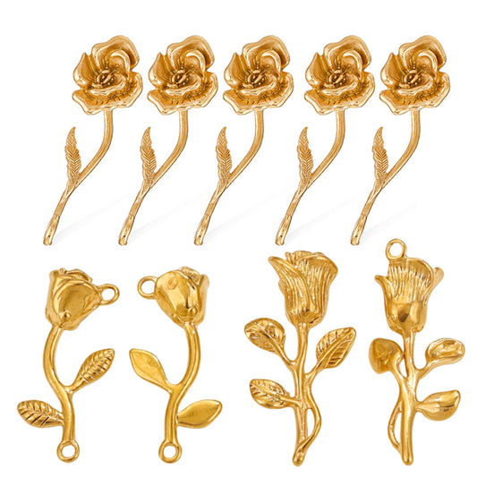 Stainless Steel 3D Rose Pendants | 18K Gold Vacuum Plating (Long-Lasting Color), Titanium Steel, Essential DIY Jewelry Charms