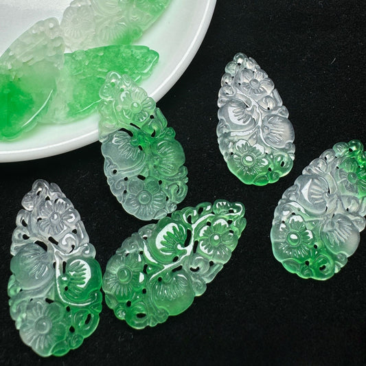 Carved Icy Bashan Jade Water Drop Pendants – Green Translucent Charms for DIY Earrings