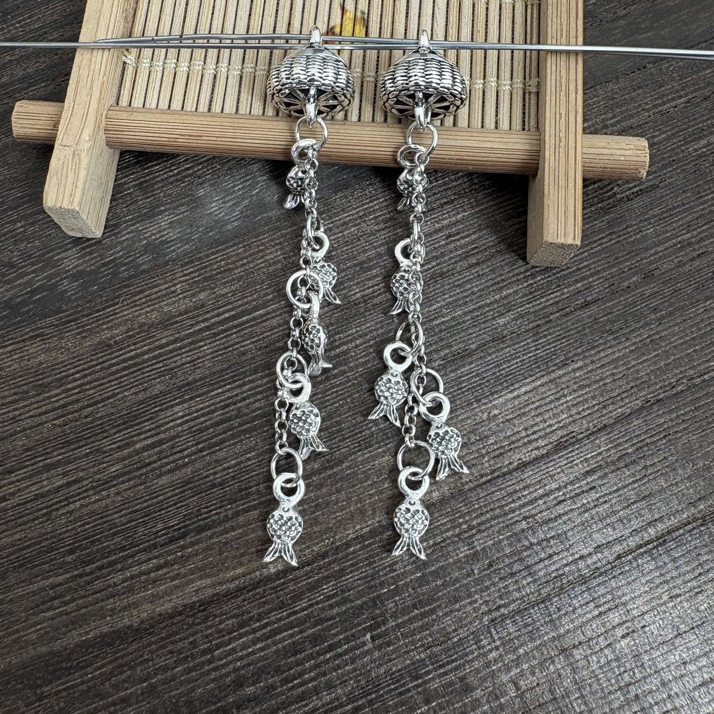 2PCS Vintage Silver Fish Basket Tassel Pendant – Lucky Fish Charm for DIY Jewelry & Earrings