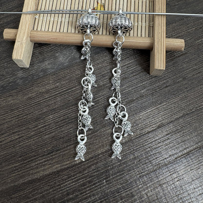 2PCS Vintage Silver Fish Basket Tassel Pendant – Lucky Fish Charm for DIY Jewelry & Earrings