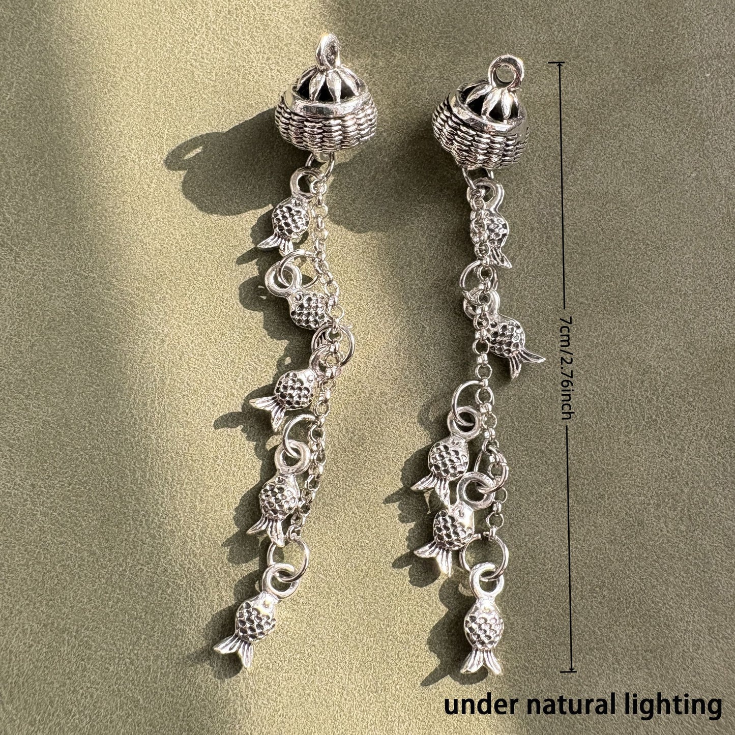 2PCS Vintage Silver Fish Basket Tassel Pendant – Lucky Fish Charm for DIY Jewelry & Earrings