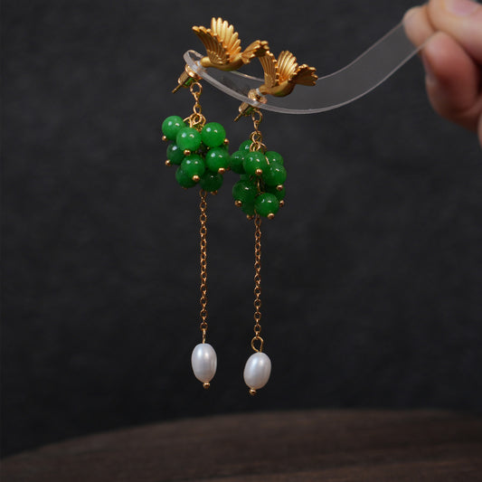 Vintage Gold Flying Bird Green jade beads Earrings, Two Ways to Wear, Gift for her