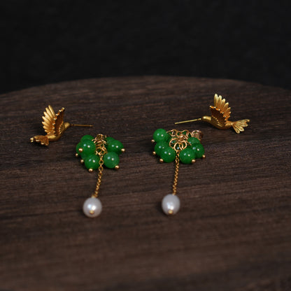 Vintage Gold Flying Bird Green jade beads Earrings, Two Ways to Wear, Gift for her