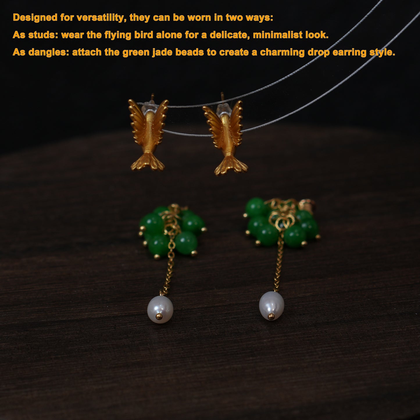 Vintage Gold Flying Bird Green jade beads Earrings, Two Ways to Wear, Gift for her