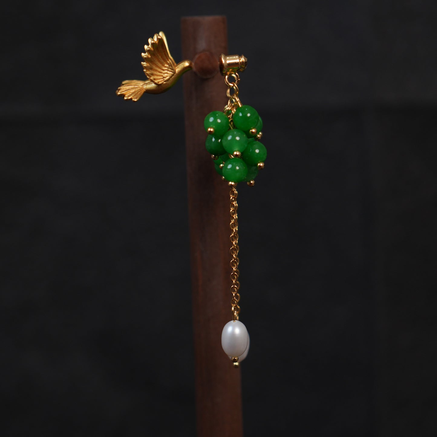 Vintage Gold Flying Bird Green jade beads Earrings, Two Ways to Wear, Gift for her