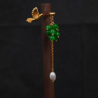 Vintage Gold Flying Bird Green jade beads Earrings, Two Ways to Wear, Gift for her