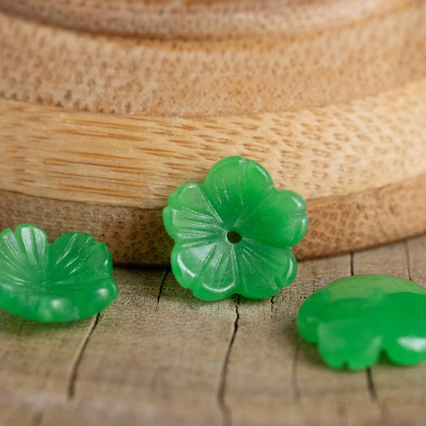 12mm Jadeite/Green Beads, 5-Petal Flower Loose Beads for DIY Jewelry Making