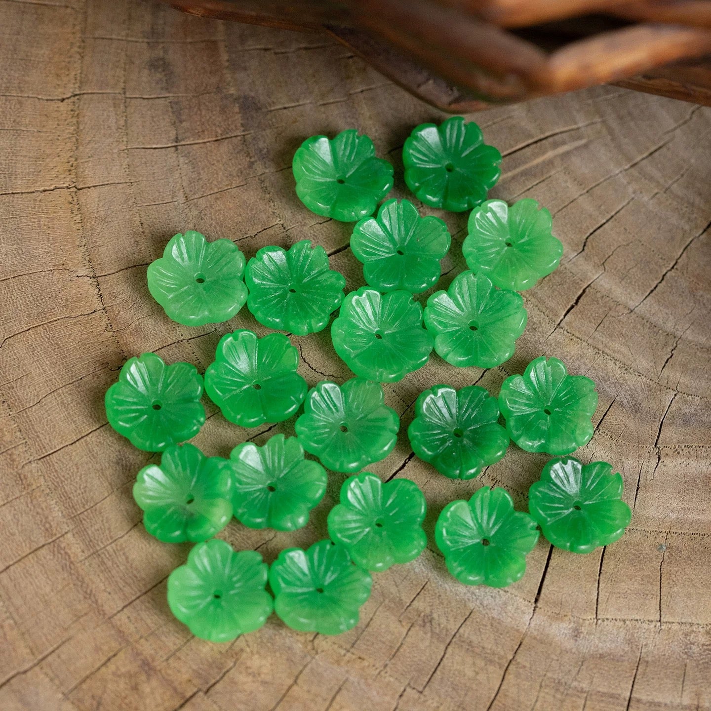 12mm Jadeite/Green Beads, 5-Petal Flower Loose Beads for DIY Jewelry Making