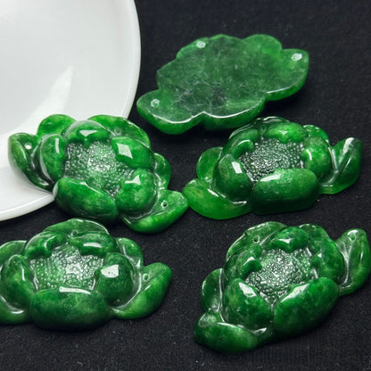 Carved Green Jade Peony Pendant | Natural Jade Flower Charm for Necklaces, 51*30mm