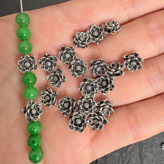 30PCS 8mm Vintage Silver Lotus Flower Beads, Antique Silver Spacer Beads For Jewelry Making