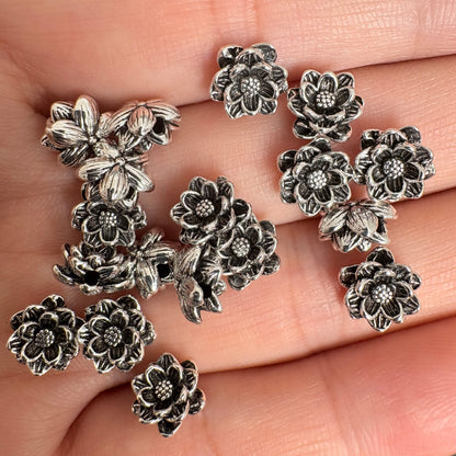 30PCS 8mm Vintage Silver Lotus Flower Beads, Antique Silver Spacer Beads For Jewelry Making