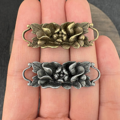 2PCS Antique Bronze Double Loop Lotus, Camellia, and Rose Flower Connector, Vintage Floral Bracelet Charm