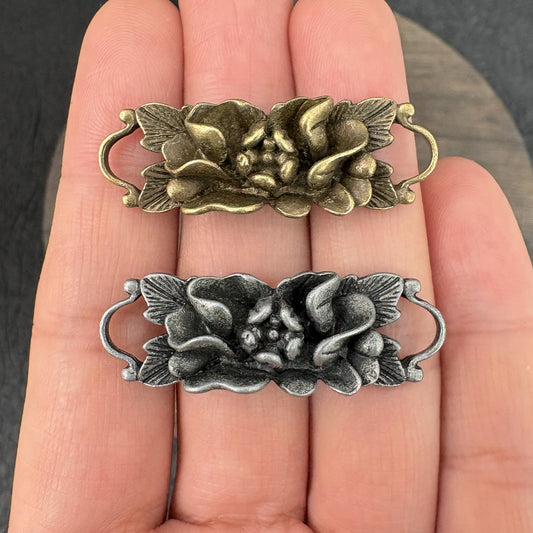 2PCS Antique Bronze Double Loop Lotus, Camellia, and Rose Flower Connector, Vintage Floral Bracelet Charm