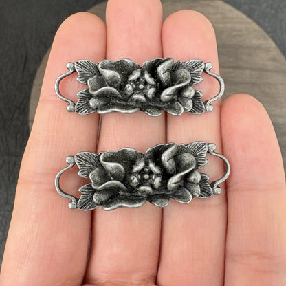 2PCS Antique Bronze Double Loop Lotus, Camellia, and Rose Flower Connector, Vintage Floral Bracelet Charm