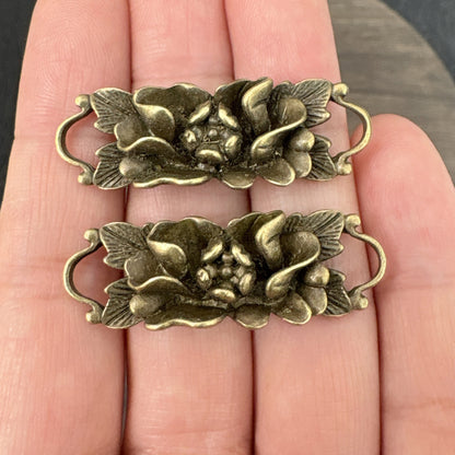 2PCS Antique Bronze Double Loop Lotus, Camellia, and Rose Flower Connector, Vintage Floral Bracelet Charm