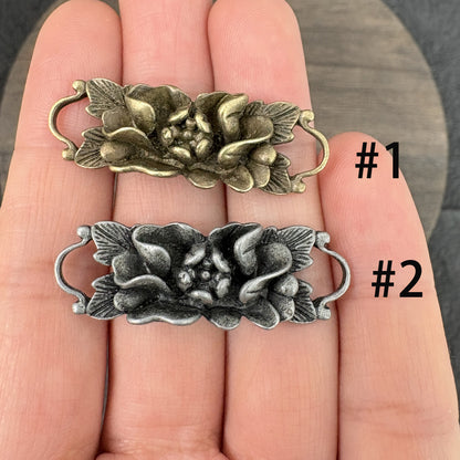 2PCS Antique Bronze Double Loop Lotus, Camellia, and Rose Flower Connector, Vintage Floral Bracelet Charm