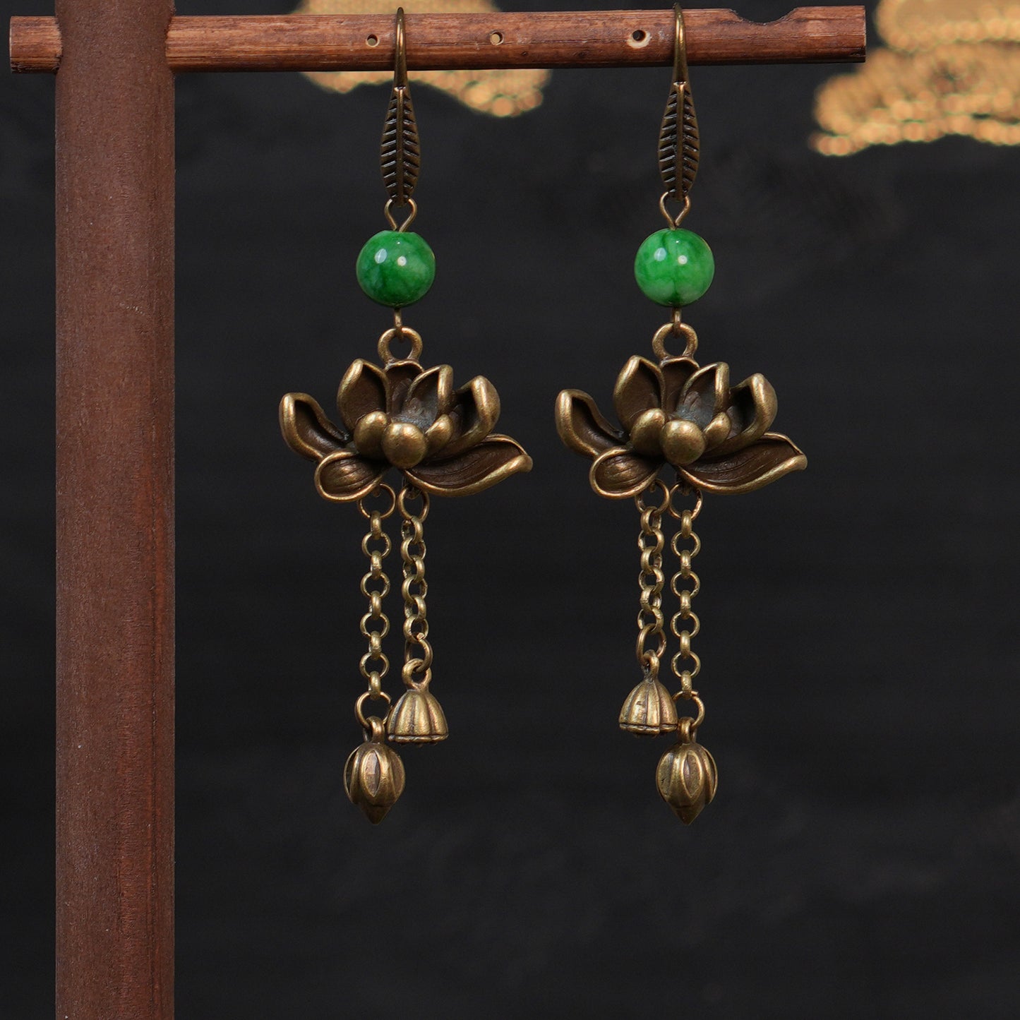 Handmade Retro Brass Lotus Dangle Earrings with Green Jade Beads |  Chinese Traditional Zen Floral jewelry for Women