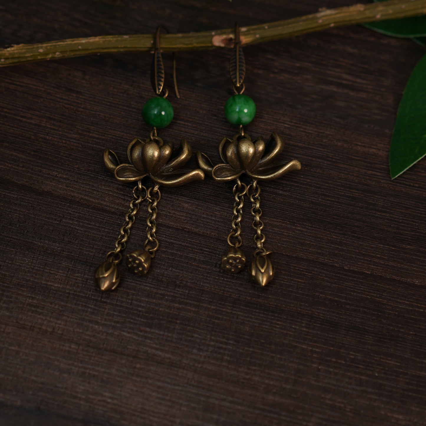 Handmade Retro Brass Lotus Dangle Earrings with Green Jade Beads |  Chinese Traditional Zen Floral jewelry for Women
