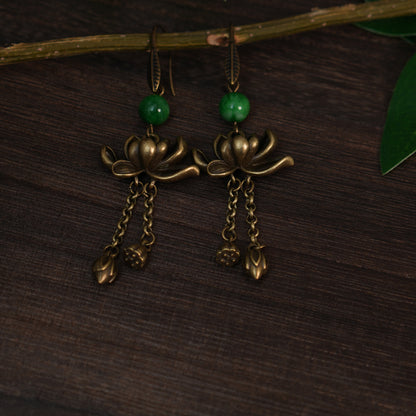 Handmade Retro Brass Lotus Dangle Earrings with Green Jade Beads |  Chinese Traditional Zen Floral jewelry for Women