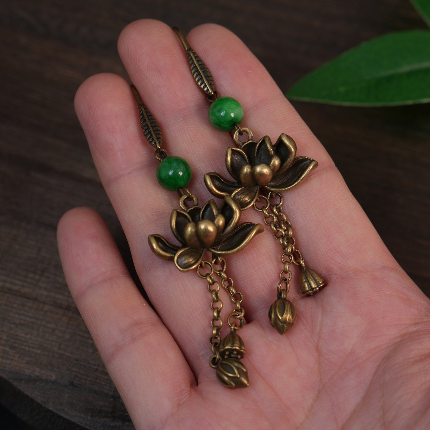 Handmade Retro Brass Lotus Dangle Earrings with Green Jade Beads |  Chinese Traditional Zen Floral jewelry for Women