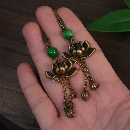 Handmade Retro Brass Lotus Dangle Earrings with Green Jade Beads |  Chinese Traditional Zen Floral jewelry for Women