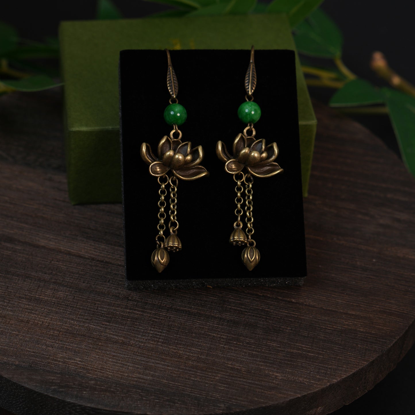 Handmade Retro Brass Lotus Dangle Earrings with Green Jade Beads |  Chinese Traditional Zen Floral jewelry for Women