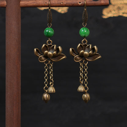 Handmade Retro Brass Lotus Dangle Earrings with Green Jade Beads |  Chinese Traditional Zen Floral jewelry for Women