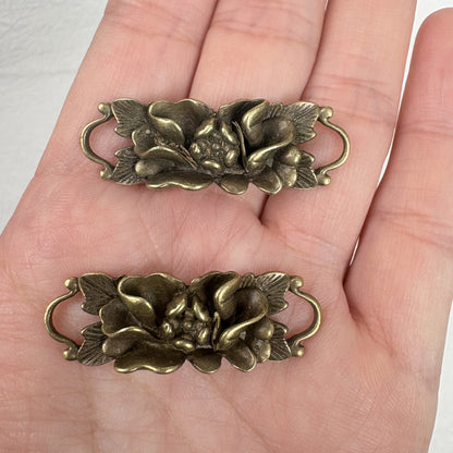 2PCS Antique Bronze Double Loop Lotus, Camellia, and Rose Flower Connector, Vintage Floral Bracelet Charm