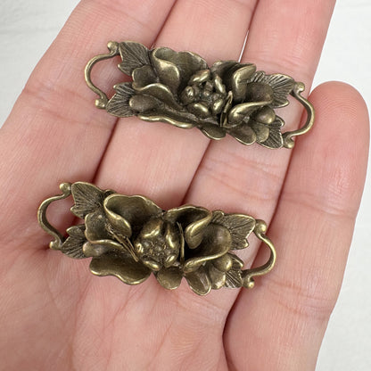 2PCS Antique Bronze Double Loop Lotus, Camellia, and Rose Flower Connector, Vintage Floral Bracelet Charm