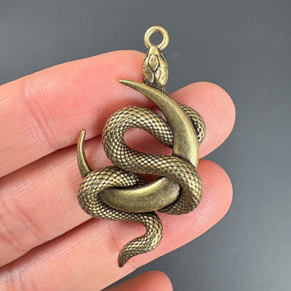 Vintage Brass Moon Snake Charm, Serpent Pendant for DIY Jewelry Making
