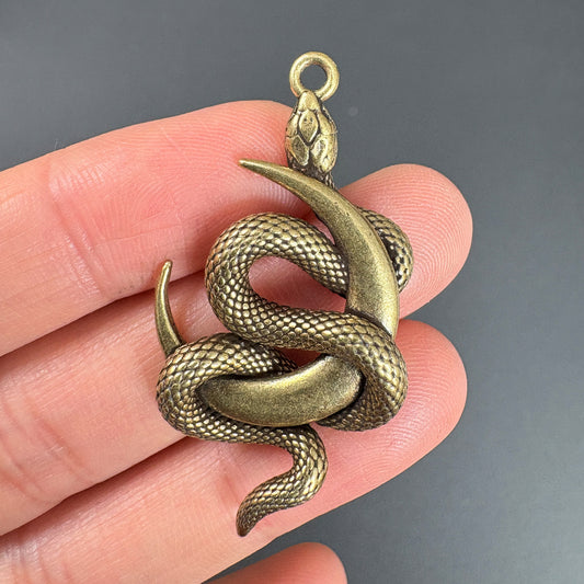 Vintage Brass Moon Snake Charm, Serpent Pendant for DIY Jewelry Making