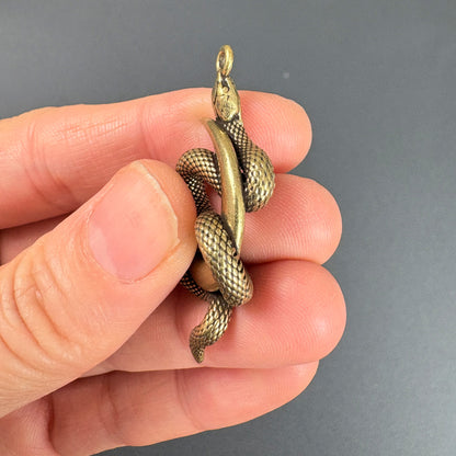 Vintage Brass Moon Snake Charm, Serpent Pendant for DIY Jewelry Making