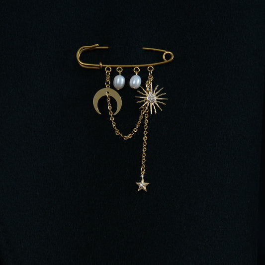 18K Stainless Steel Celestial Brooch with Moon Sun Star and Freshwater Pearl, Mother's Day Gift