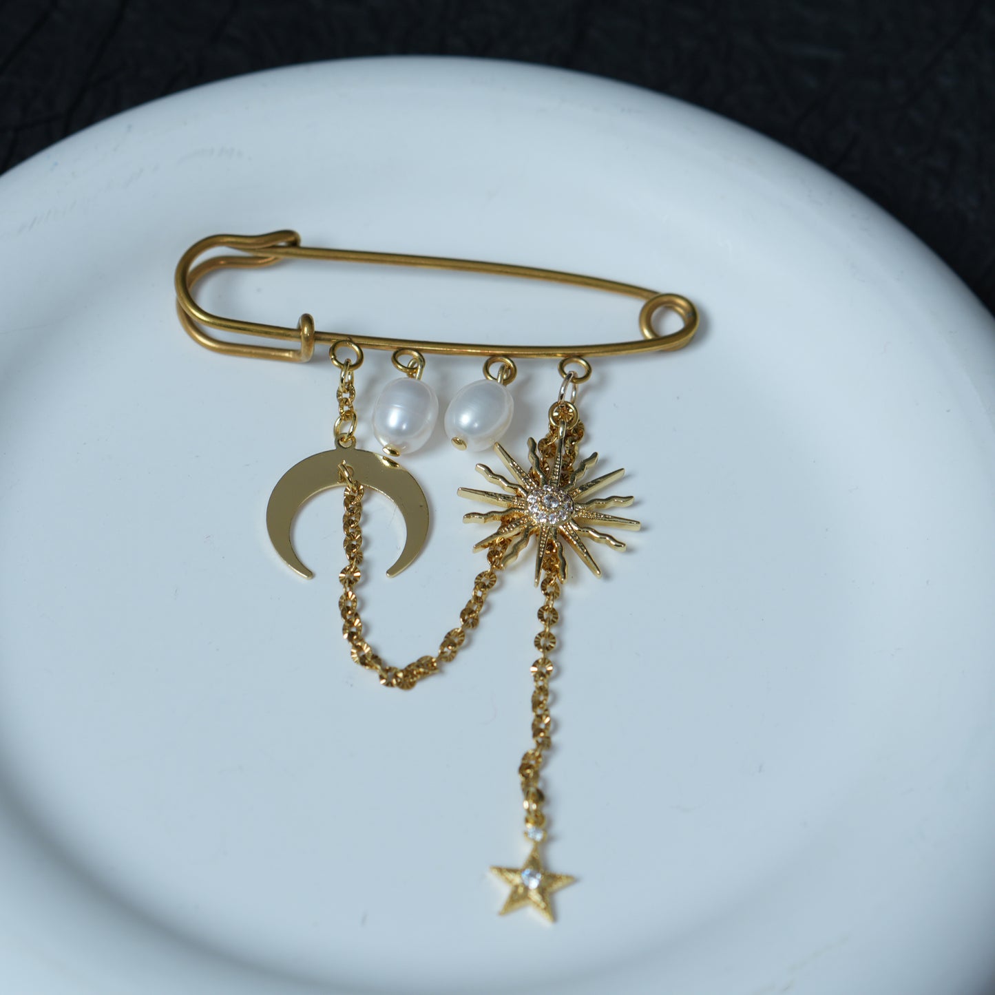 18K Stainless Steel Celestial Brooch with Moon Sun Star and Freshwater Pearl, Mother's Day Gift