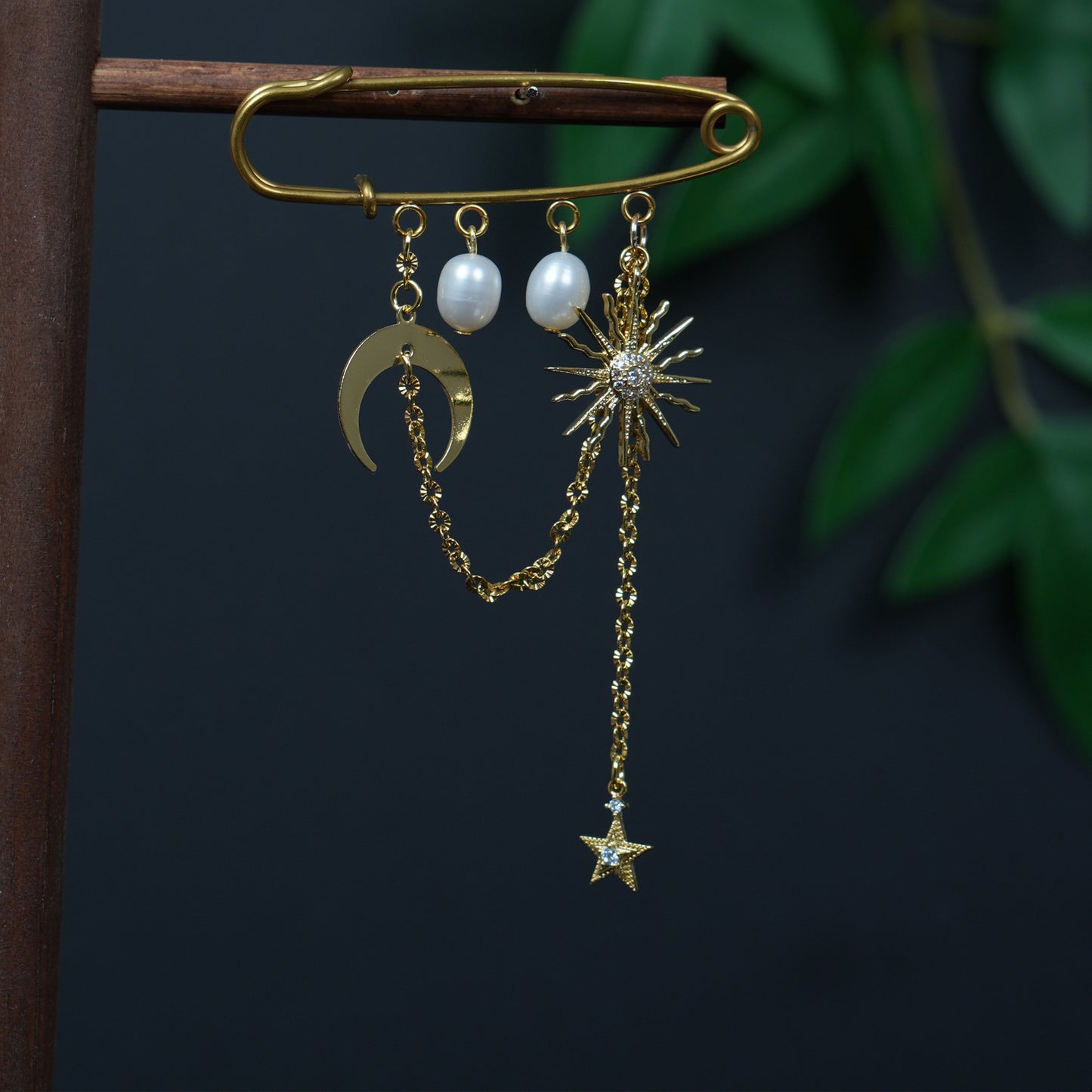 18K Stainless Steel Celestial Brooch with Moon Sun Star and Freshwater Pearl, Mother's Day Gift