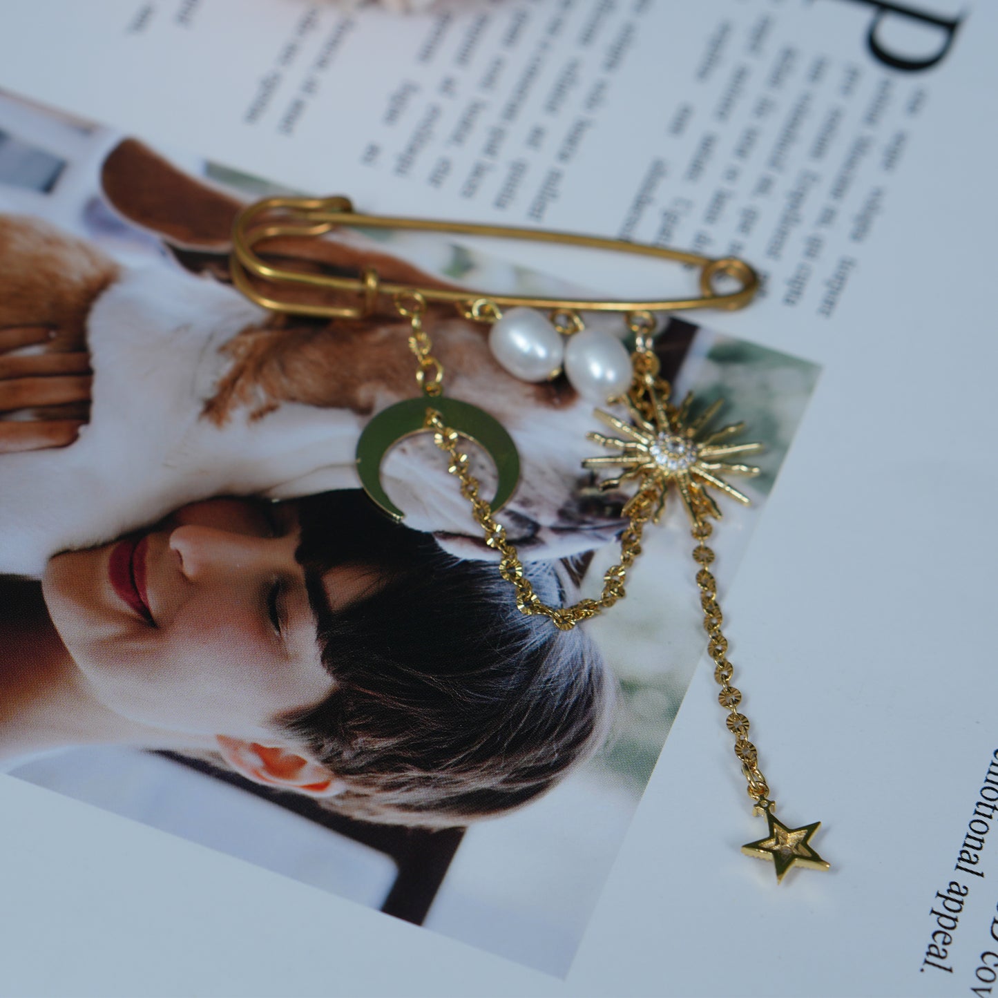 18K Stainless Steel Celestial Brooch with Moon Sun Star and Freshwater Pearl, Mother's Day Gift