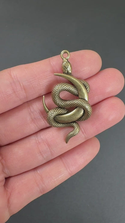 Vintage Brass Moon Snake Charm, Serpent Pendant for DIY Jewelry Making
