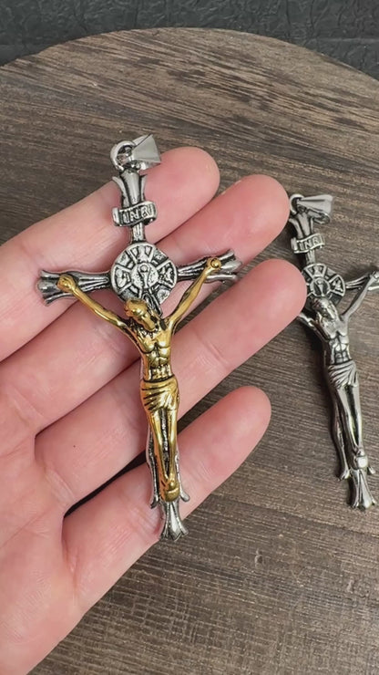 Vintage Stainless Steel Crucifix Pendant, Jesus Christ Cross Charm for Religious Necklace Rosary Making