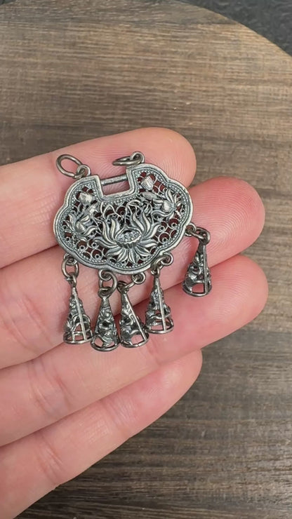 Vintage Filigree Longevity Lotus Lock Pendant with Bells