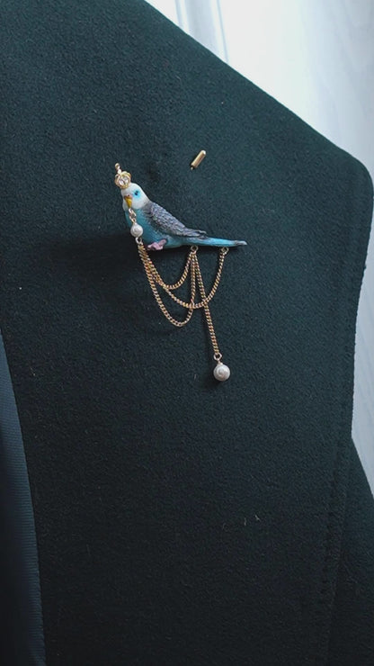 Blue Budgie Crown Brooch, Handmade Bird Jewelry, Pearl Chain Pin, Gift for Bird Lovers