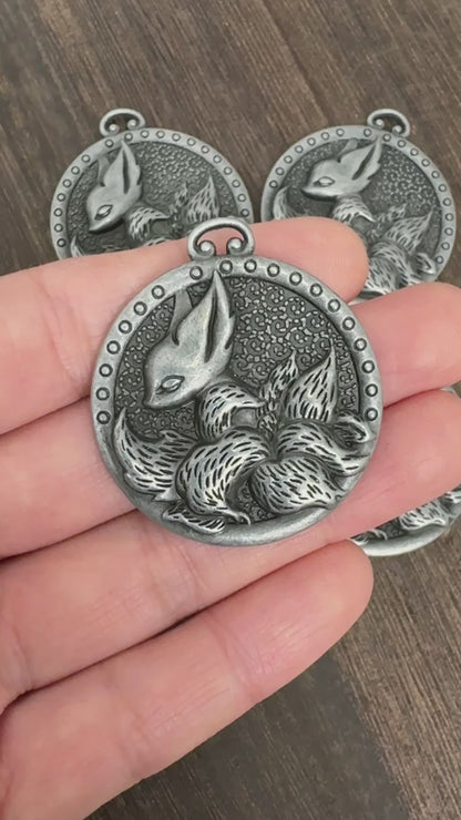 Vintage Style Kitsune Pendant, 9-Tailed Fox Charm Necklace, Japanese Mythology Retro Silver Tone Jewelry