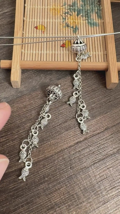 2PCS Vintage Silver Fish Basket Tassel Pendant – Lucky Fish Charm for DIY Jewelry & Earrings