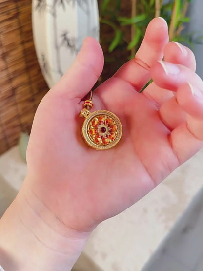 Gold Sand Spinning Lotus Eight Treasures Compass Pendant, Rotatable Buddhist Amulet Jewelry