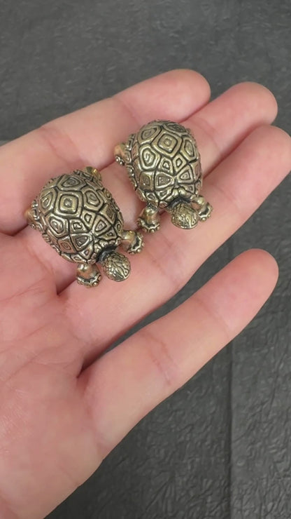 2PCS Vintage Brass Longevity Turtle Figurines, Feng Shui Tortoise Decor, Good Luck and Prosperity Symbol