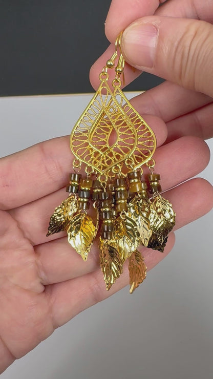 Natural Tiger Eye Leaf Tassel Earrings, Boho Dangle Earrings for Women, Handmade Gemstone Jewelry