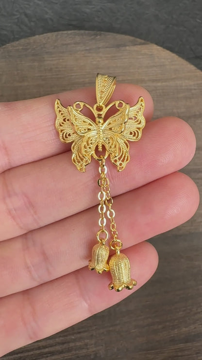 24K Gold Plated Filigree Butterfly Lily of the Valley Tassel Pendant, Jewelry Making Charm